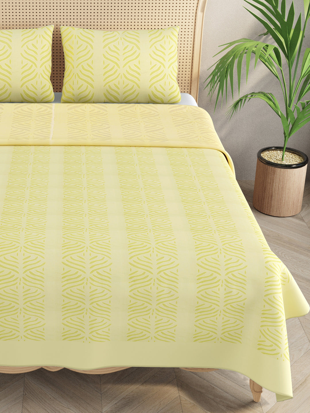 Yellow-Cotton-Applique-Cut-Work-Bedcover-With-2-Pillow-Covers