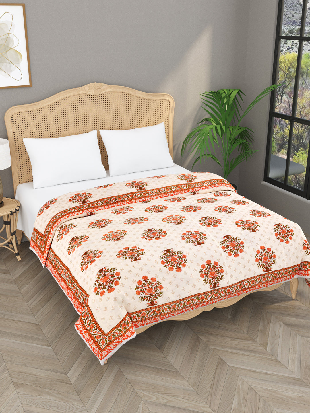 Cream-&-Red-Cotton-Floral-Printed-Double-Bed-Quilt