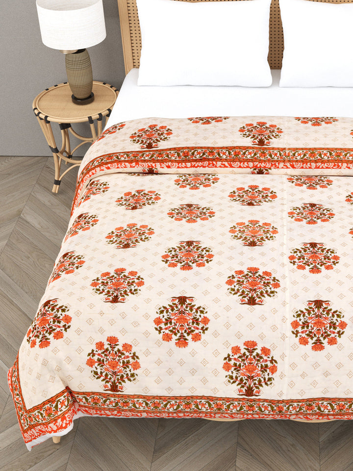 Cream-&-Red-Cotton-Floral-Printed-Double-Bed-Quilt