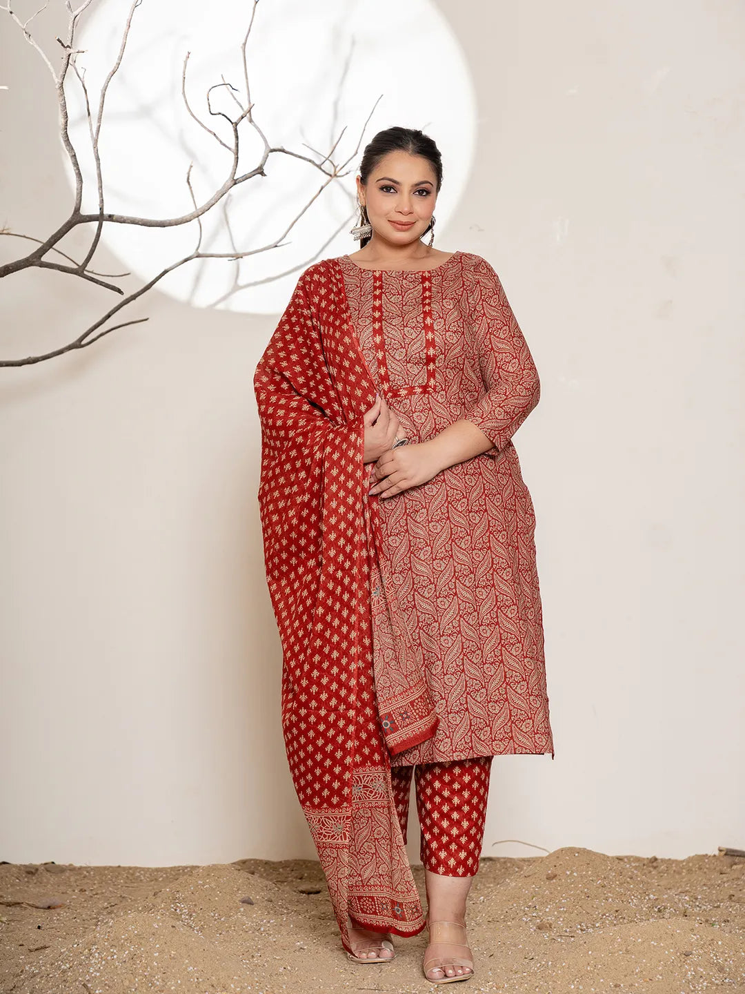 Maroon-Cotton-Embroidered-Plus-Size-3-Piece-Kurta-Set