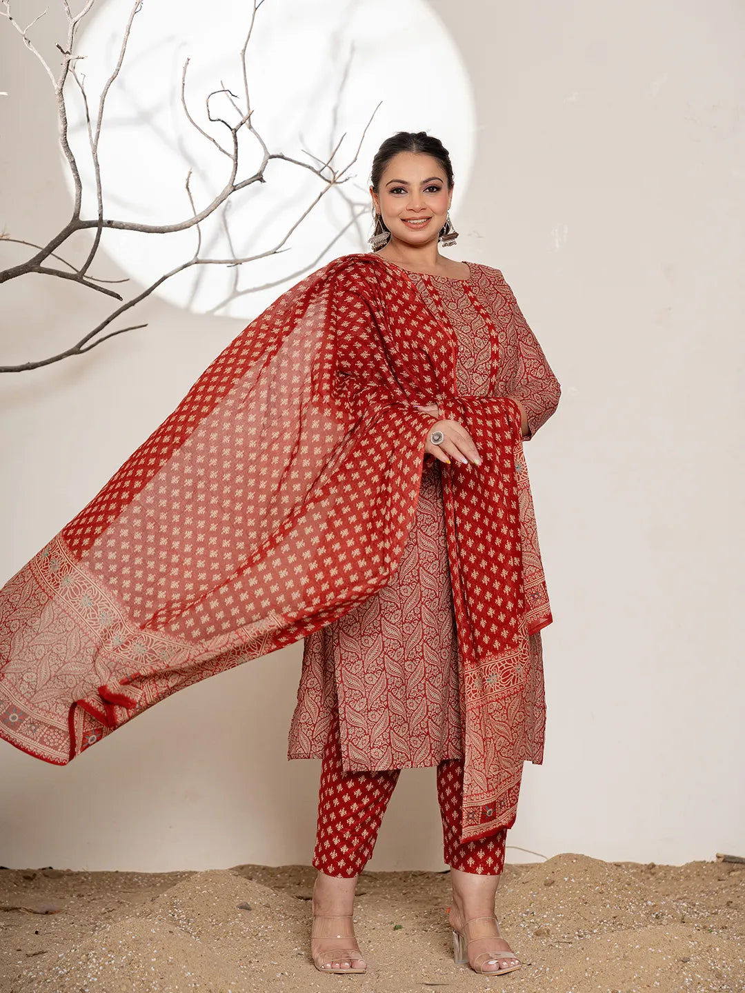 Maroon-Cotton-Embroidered-Plus-Size-3-Piece-Kurta-Set