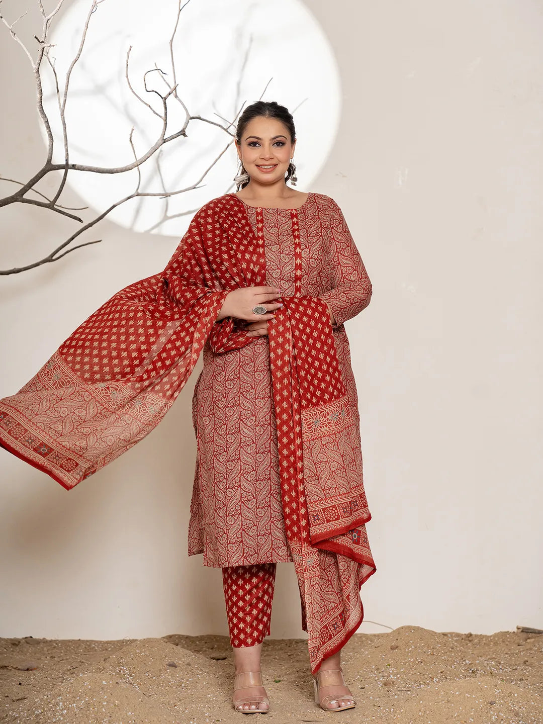 Maroon-Cotton-Embroidered-Plus-Size-3-Piece-Kurta-Set