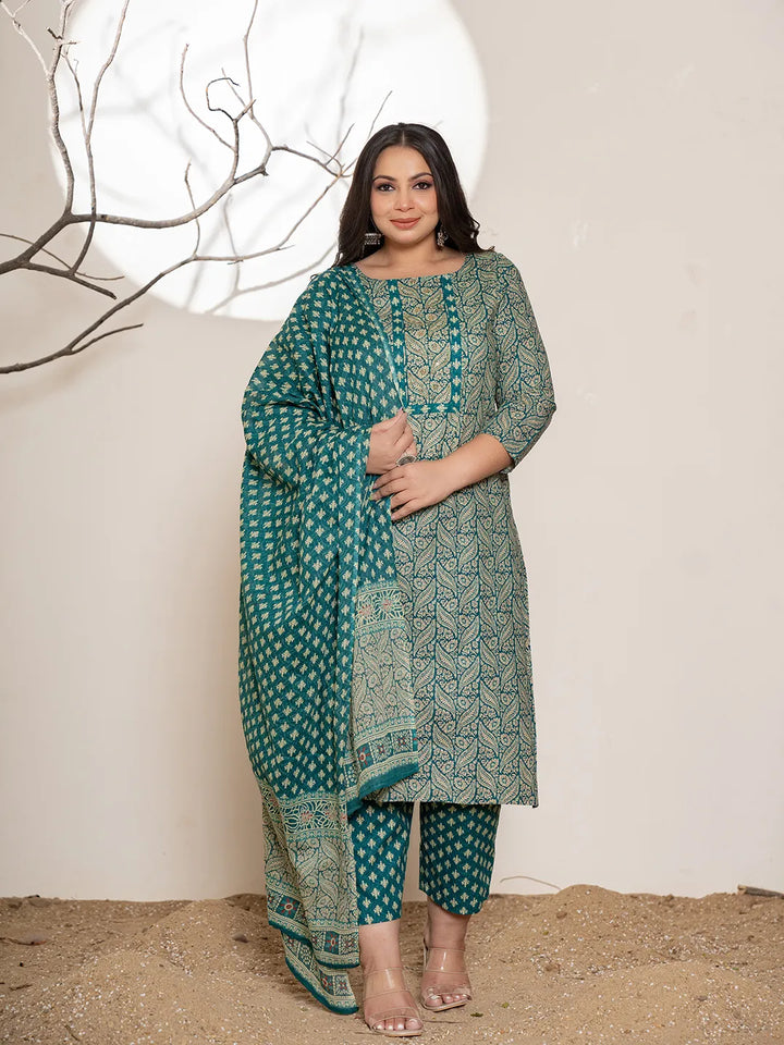 Teal-Green-Cotton-Embroidered-Plus-Size-3-Piece-Kurta-Set