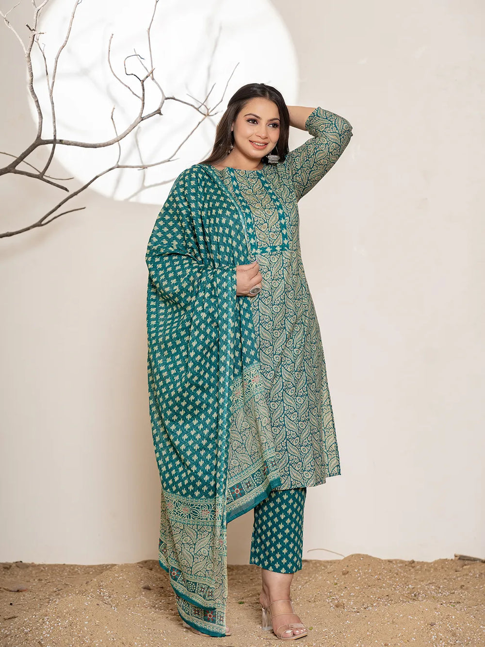 Teal-Green-Cotton-Embroidered-Plus-Size-3-Piece-Kurta-Set