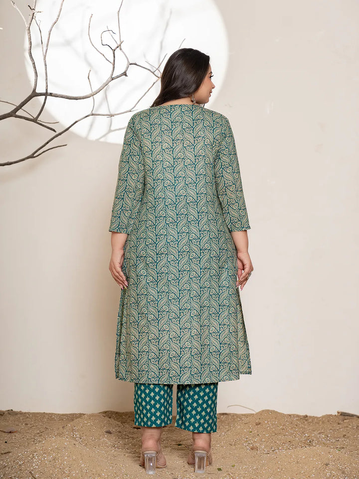 Teal-Green-Cotton-Embroidered-Plus-Size-3-Piece-Kurta-Set