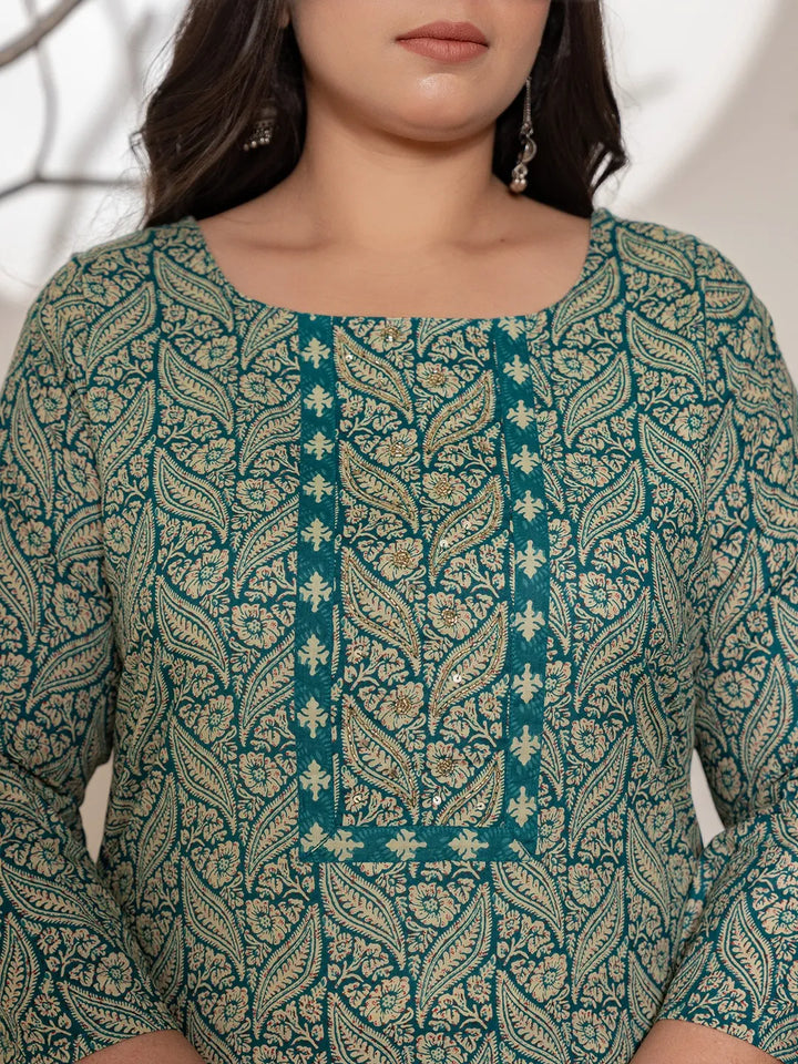 Teal-Green-Cotton-Embroidered-Plus-Size-3-Piece-Kurta-Set