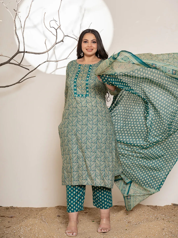 Teal-Green-Cotton-Embroidered-Plus-Size-3-Piece-Kurta-Set