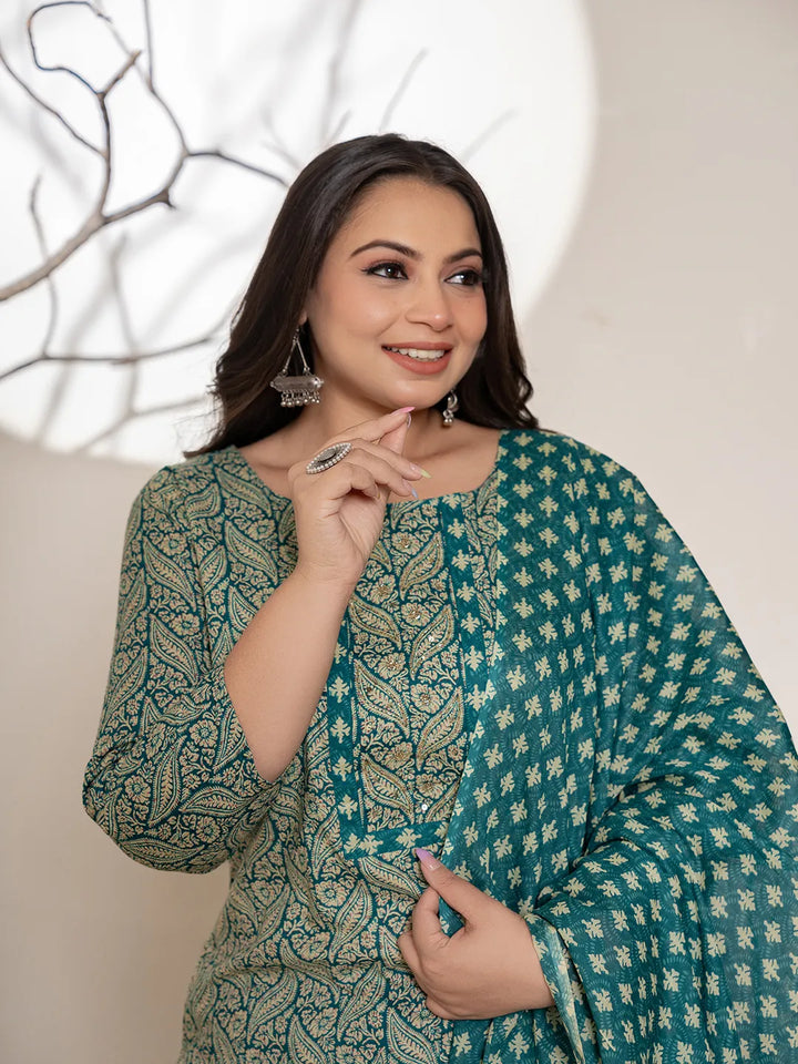 Teal-Green-Cotton-Embroidered-Plus-Size-3-Piece-Kurta-Set