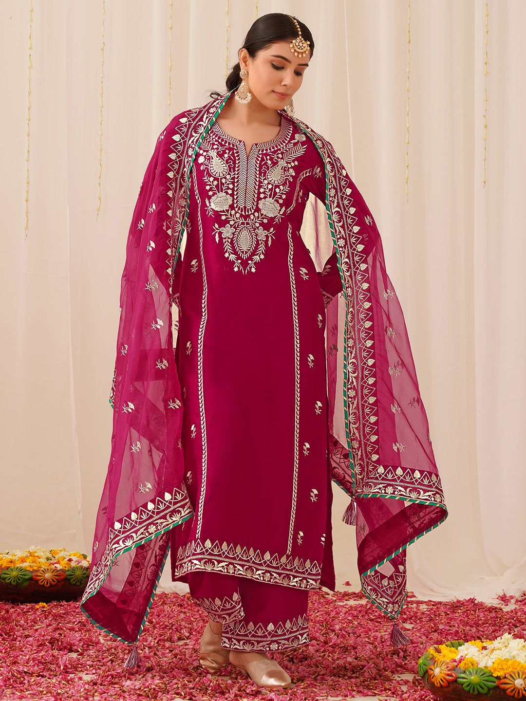 Deep Pink Silk Blend Solid Yoke Design 3-Piece Kurta Set