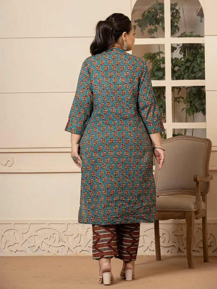 Teal-Blue-Cotton-Floral-Print-Plus-Size-3-Piece-Kurta-Set