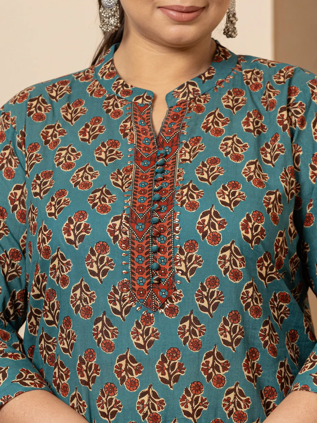 Teal-Blue-Cotton-Floral-Print-Plus-Size-3-Piece-Kurta-Set