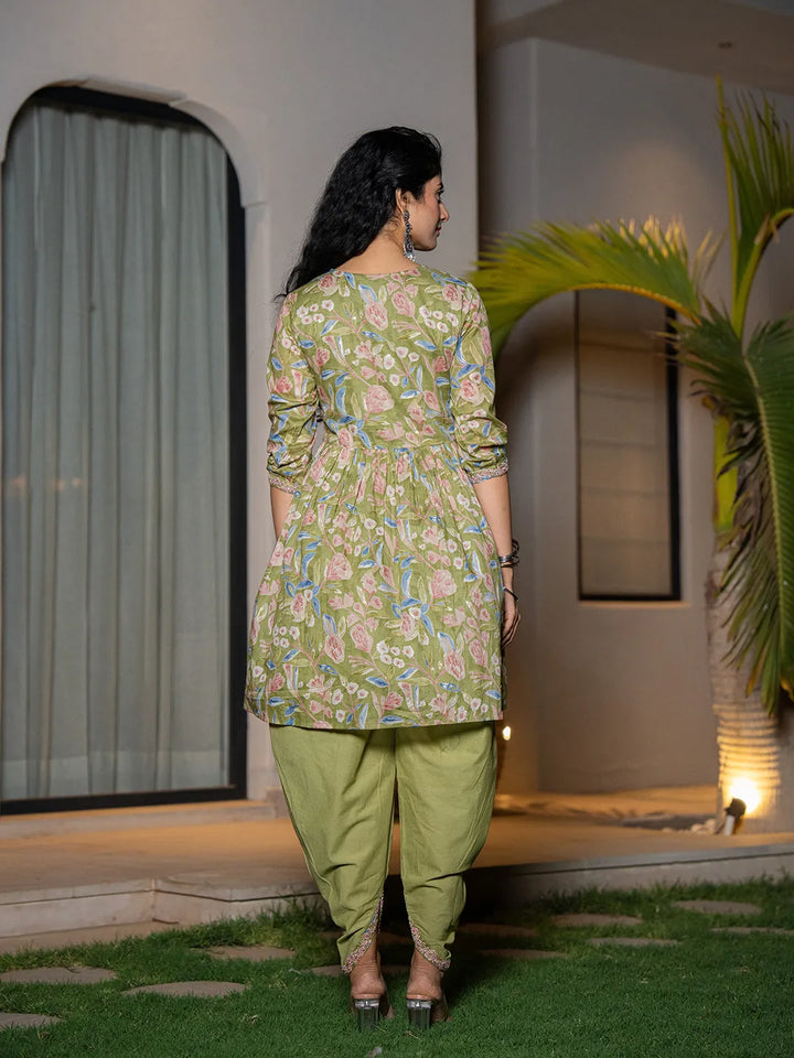 Green-Cotton-Embroidery-A-Line-3-Piece-Kurta-Set