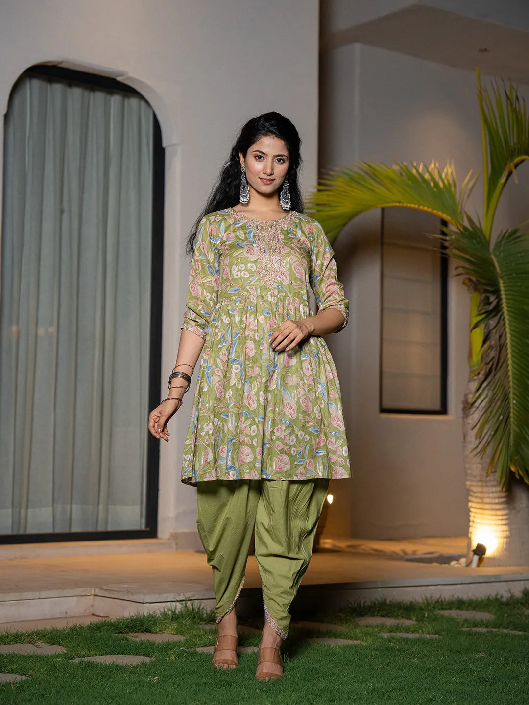 Green-Cotton-Embroidery-A-Line-3-Piece-Kurta-Set