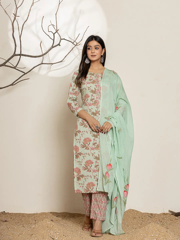 Green-Cotton-Floral-Printed-Straight-3-Piece-Kurta-Set