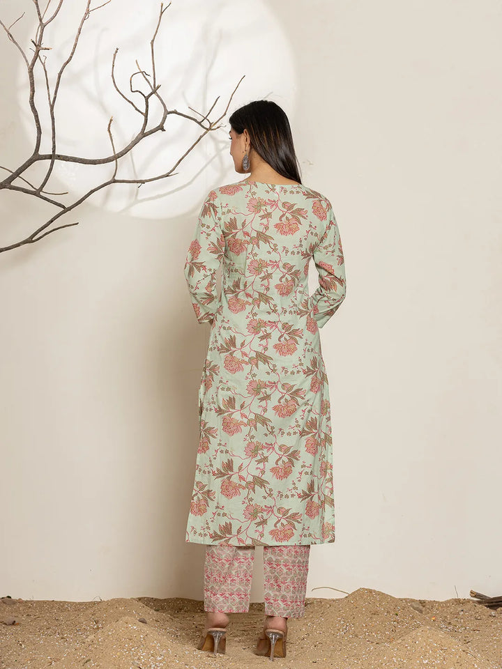 Green-Cotton-Floral-Printed-Straight-3-Piece-Kurta-Set