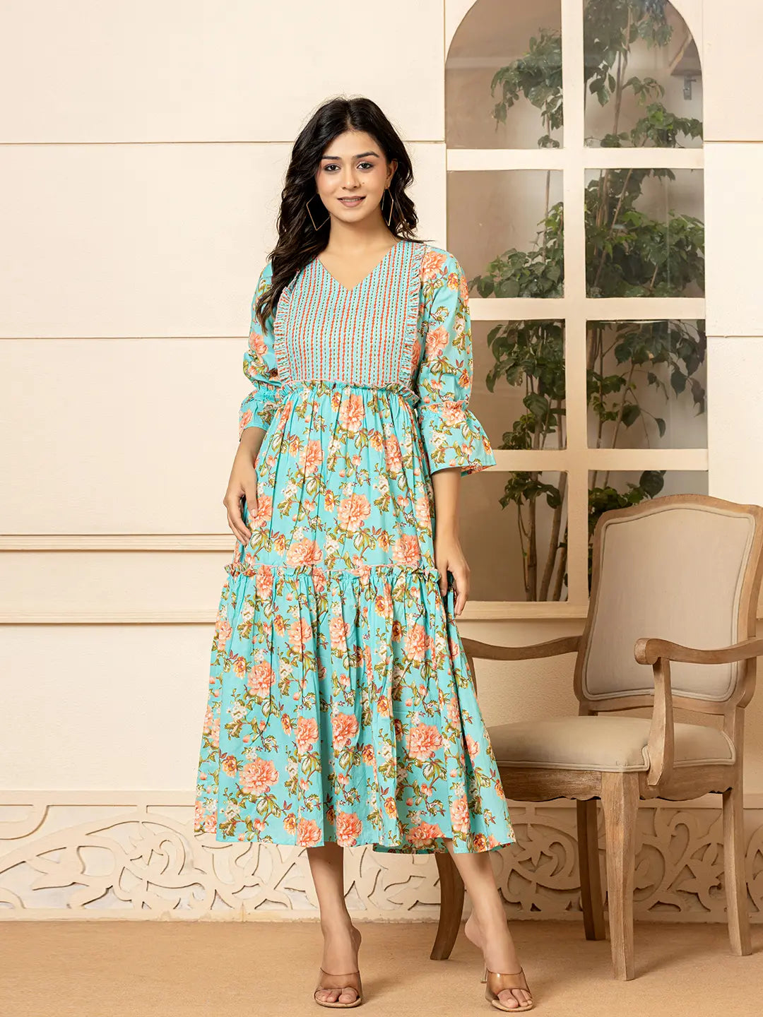 Teal-Green-Cotton-Floral-Print-Tiered-Dress-With-Ruffles