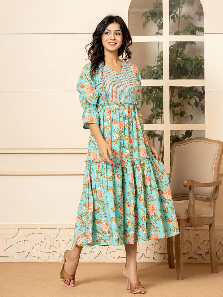 Teal-Green-Cotton-Floral-Print-Tiered-Dress-With-Ruffles