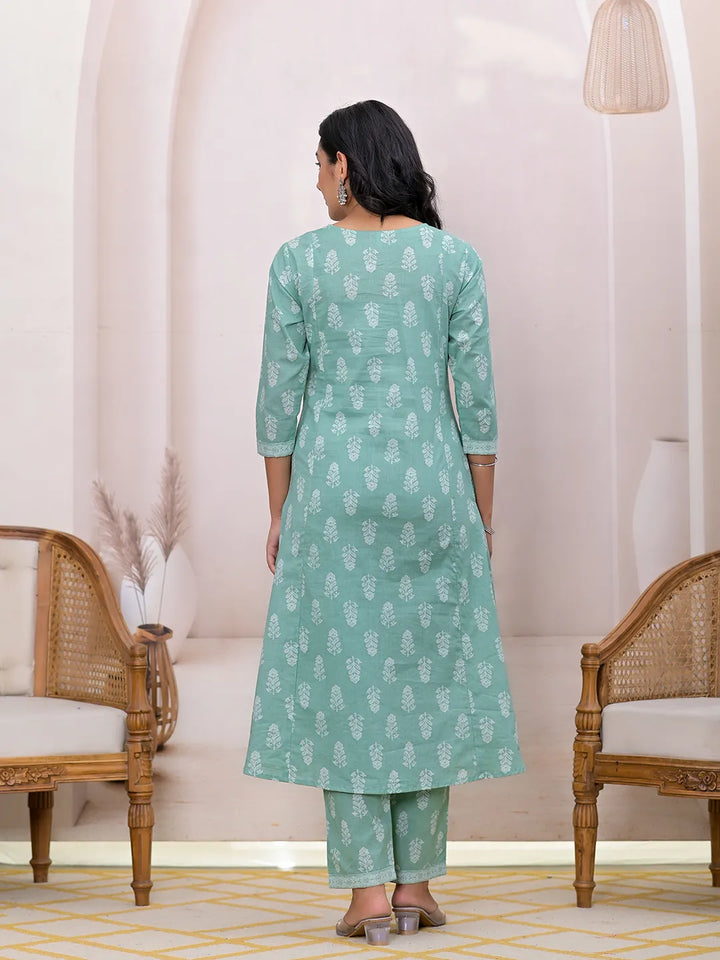 Green-Cotton-Floral-Printed-A-Line-3-Piece-Kurta-Set