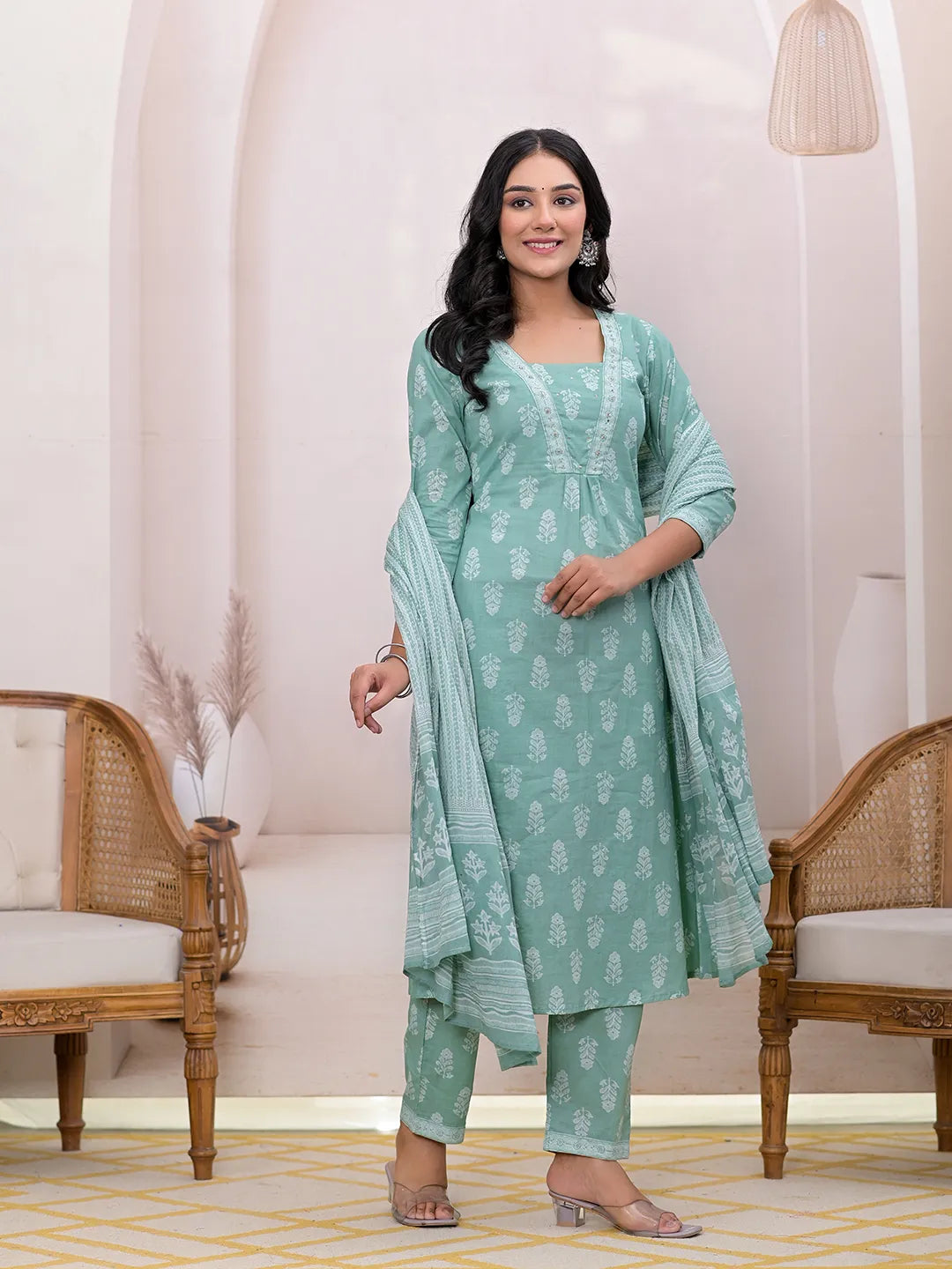 Green-Cotton-Floral-Printed-A-Line-3-Piece-Kurta-Set