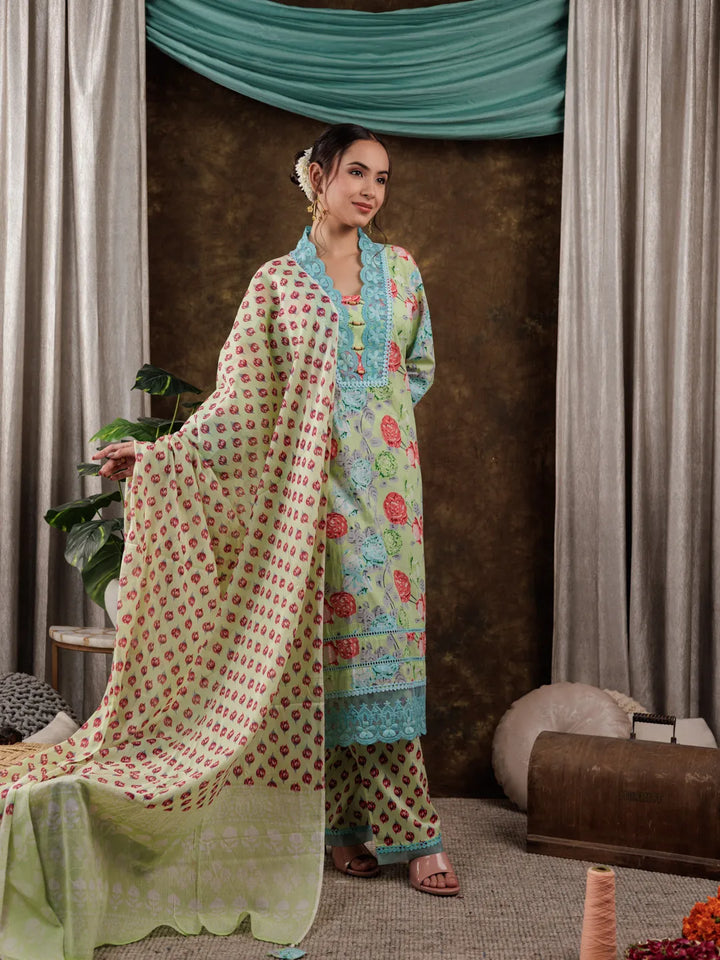 Green-Cotton-Floral-Print-Beads-Straight-3-Piece-Kurta-Set