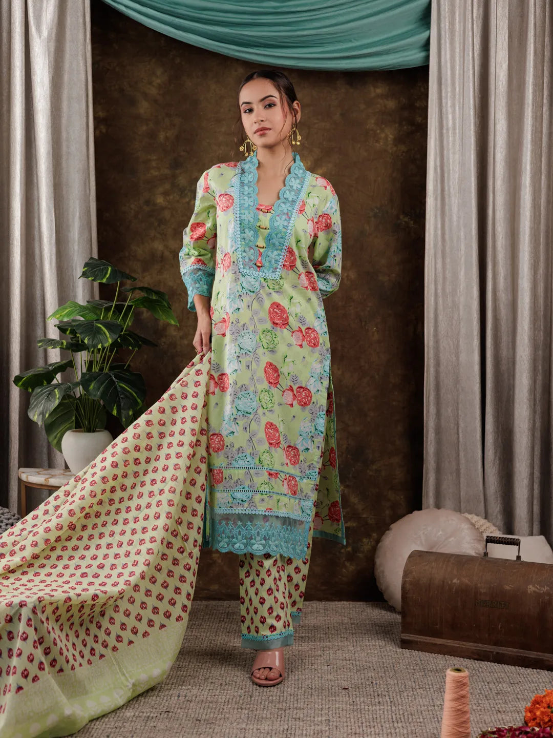 Green-Cotton-Floral-Print-Beads-Straight-3-Piece-Kurta-Set