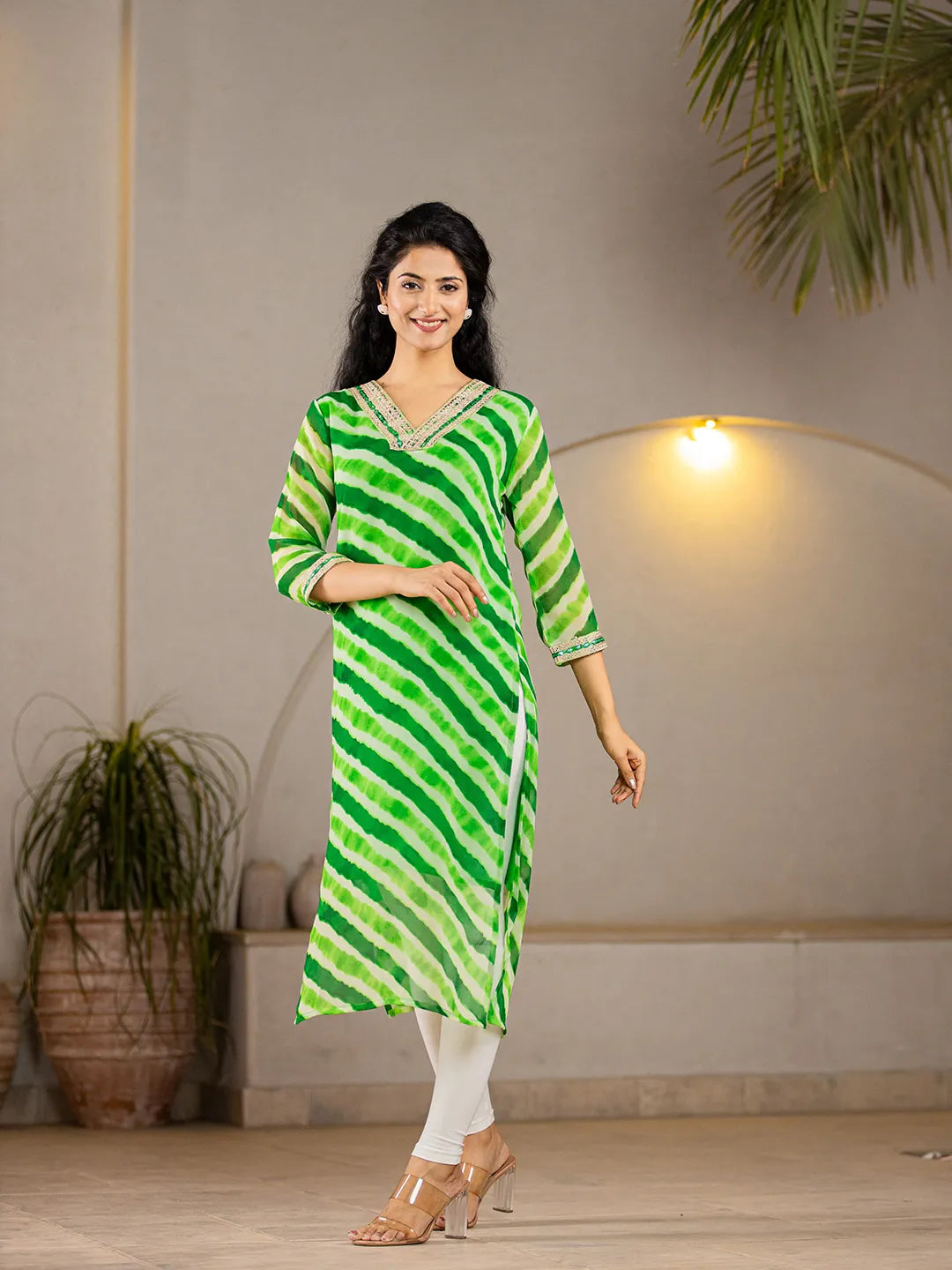 Green-Georgette-Abstract-Striped-Lehriya-Kurta