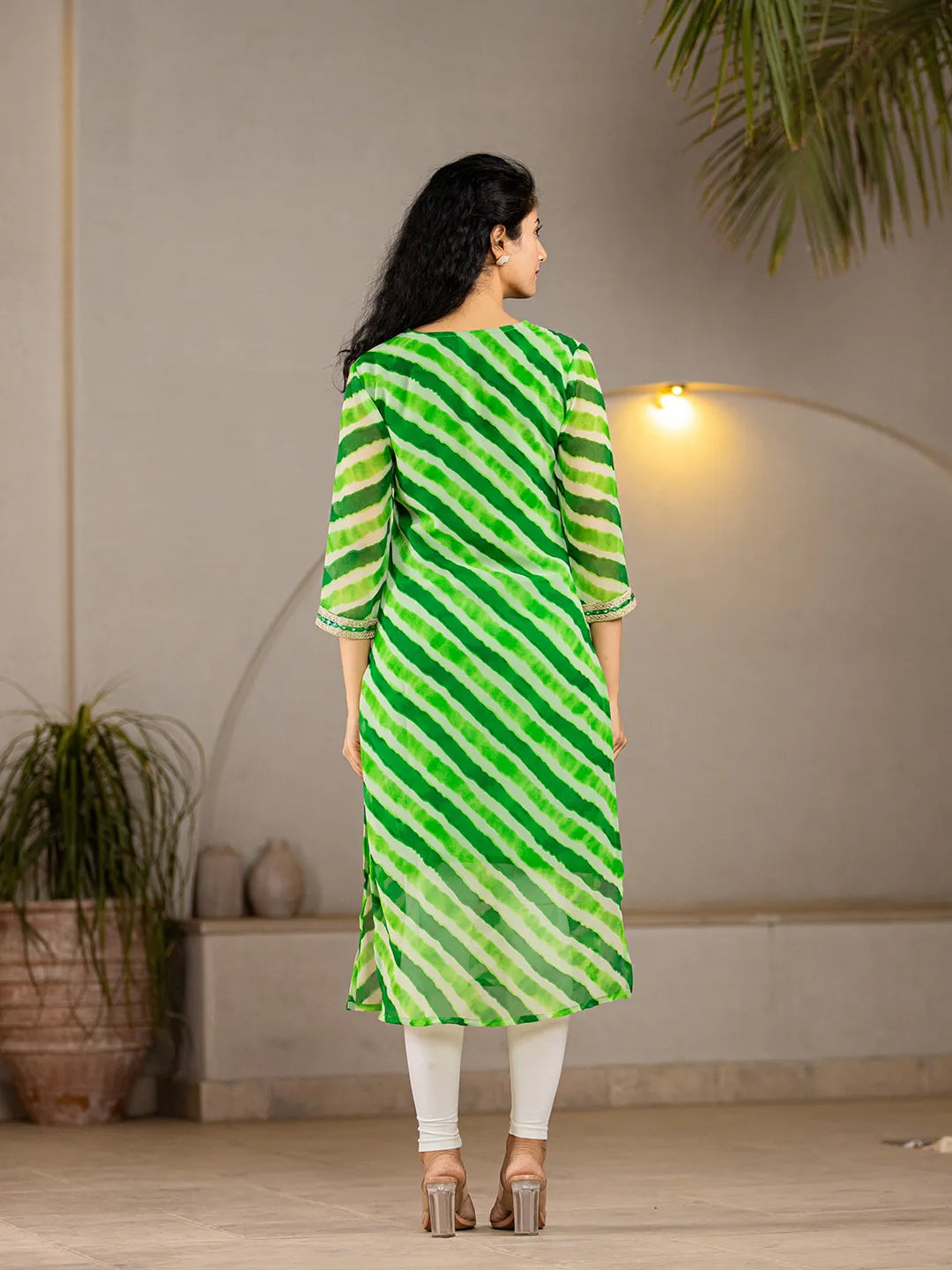 Green-Georgette-Abstract-Striped-Lehriya-Kurta