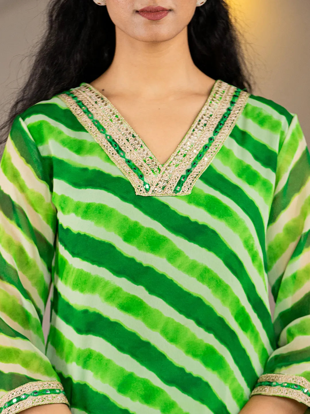 Green-Georgette-Abstract-Striped-Lehriya-Kurta