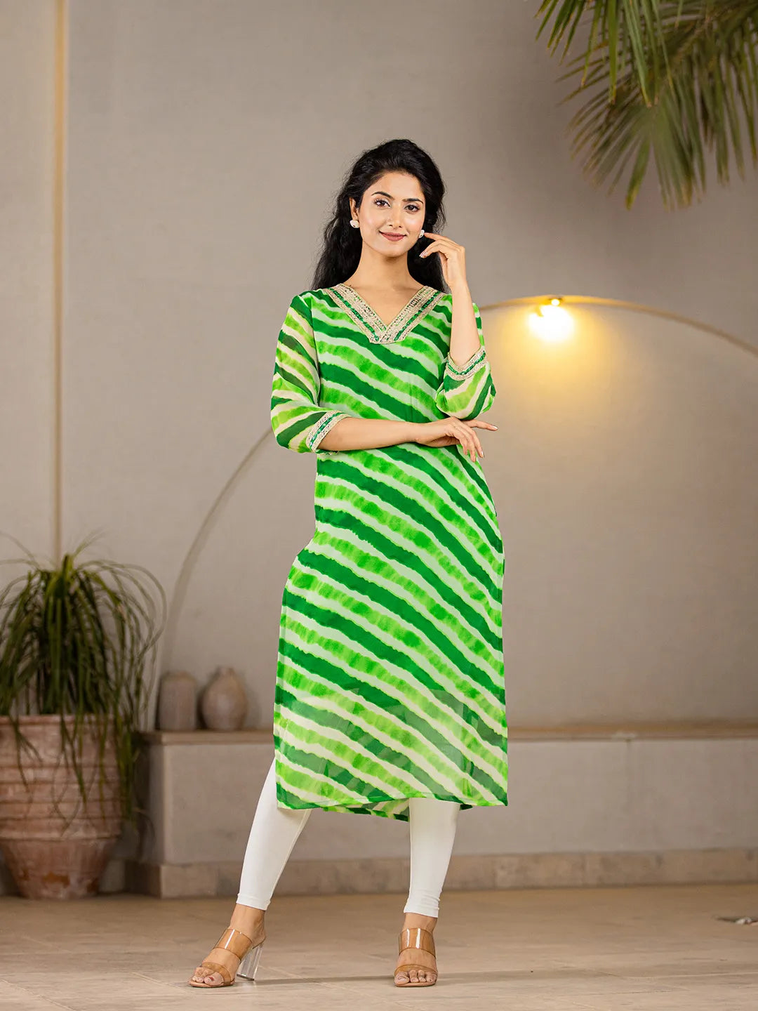 Green-Georgette-Abstract-Striped-Lehriya-Kurta