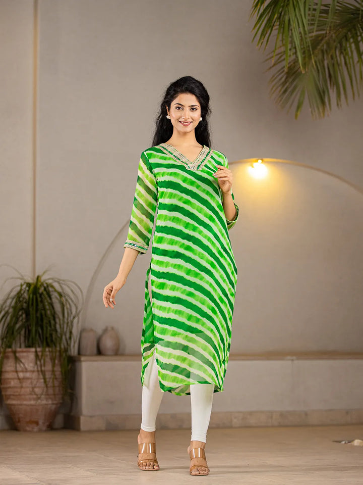 Green-Georgette-Abstract-Striped-Lehriya-Kurta