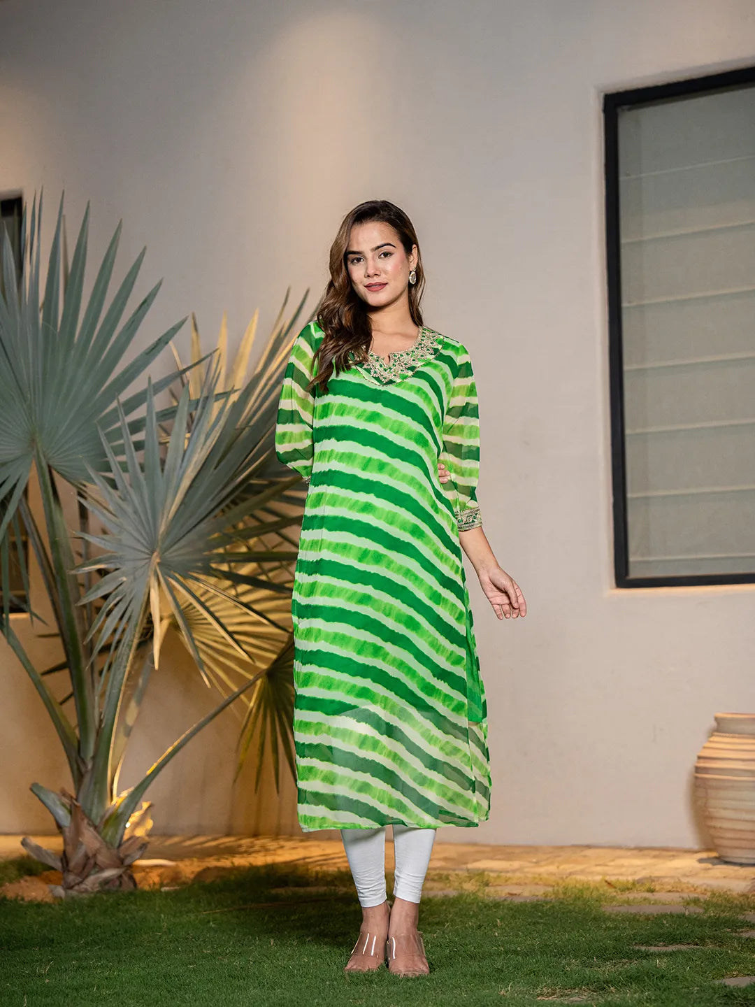 Green-Georgette-Lehriya-Embroidery-Kurta