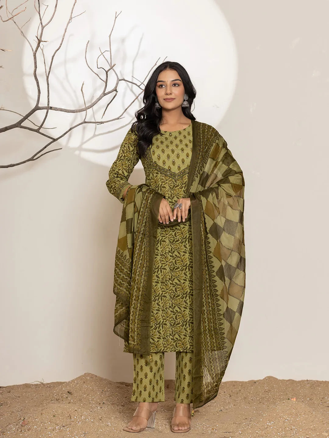 Green-Cotton-Leaf-Print-Straight-3-Piece-Kurta-Set