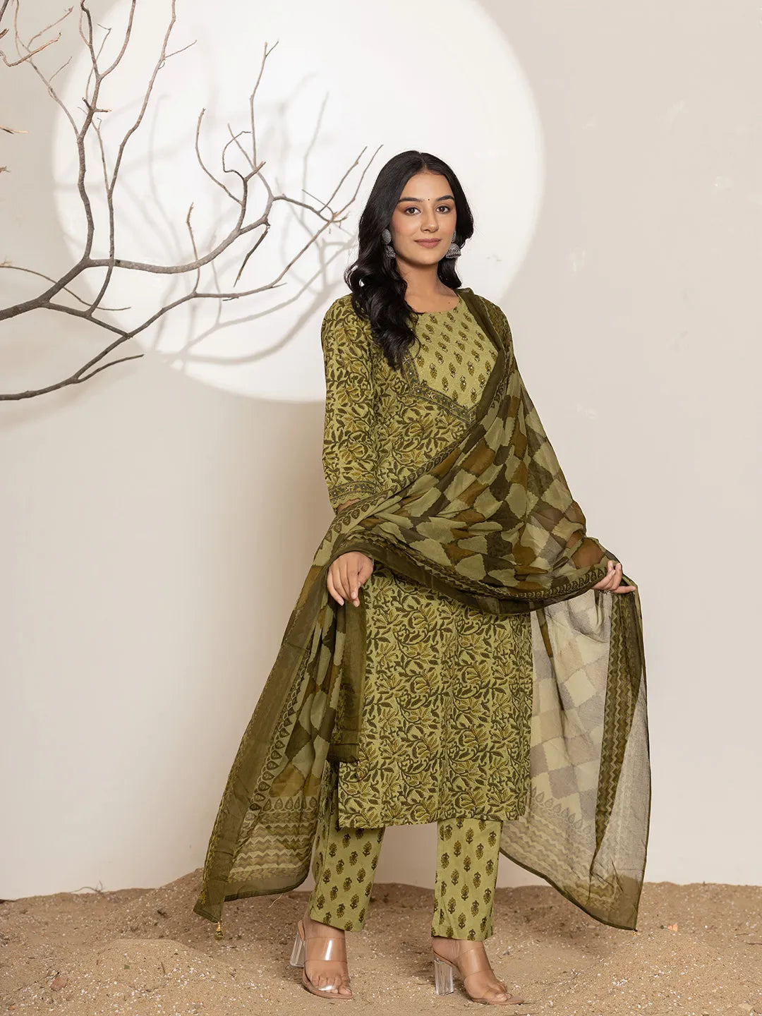 Green-Cotton-Leaf-Print-Straight-3-Piece-Kurta-Set