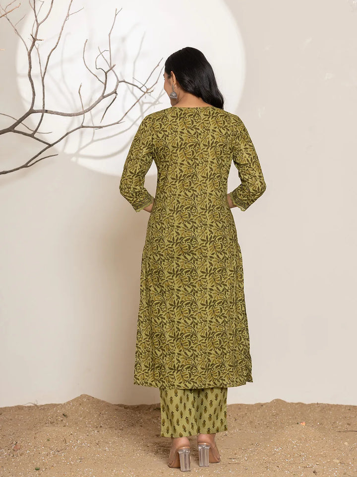 Green-Cotton-Leaf-Print-Straight-3-Piece-Kurta-Set