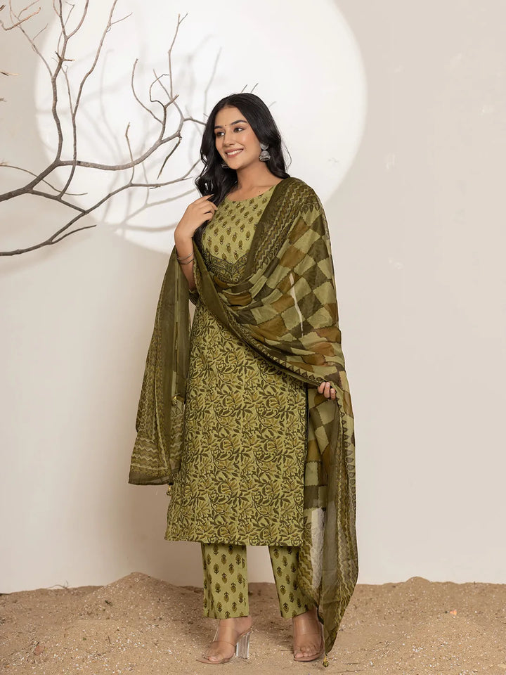 Green-Cotton-Leaf-Print-Straight-3-Piece-Kurta-Set