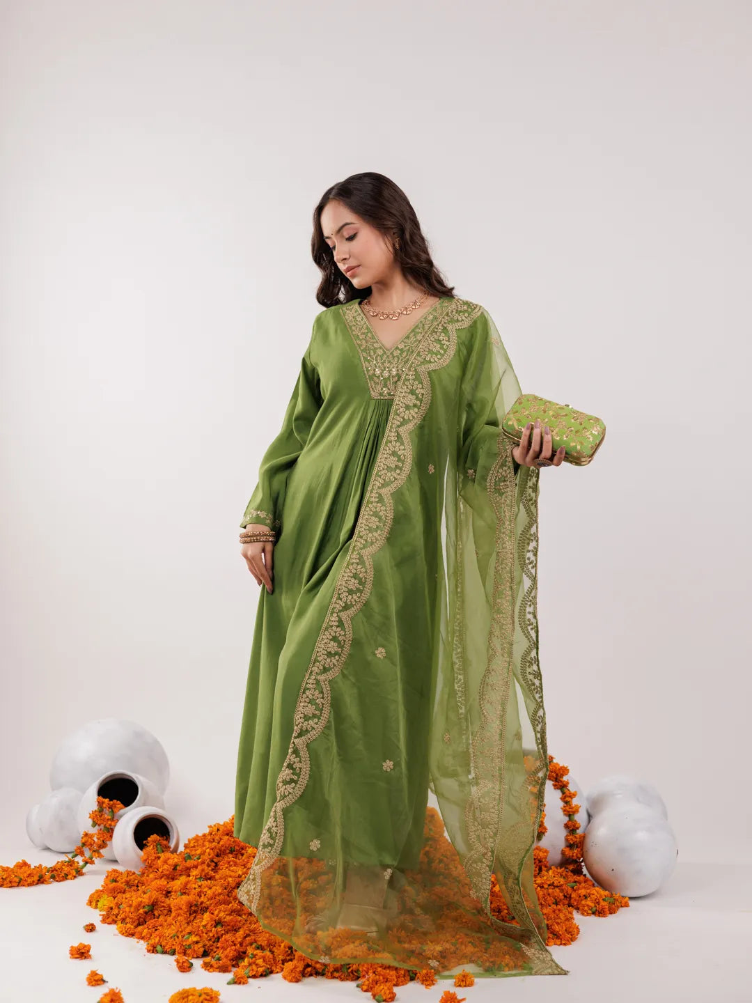 Green-Silk-Embroidered-A-Line-3-Piece-Kurta-Set