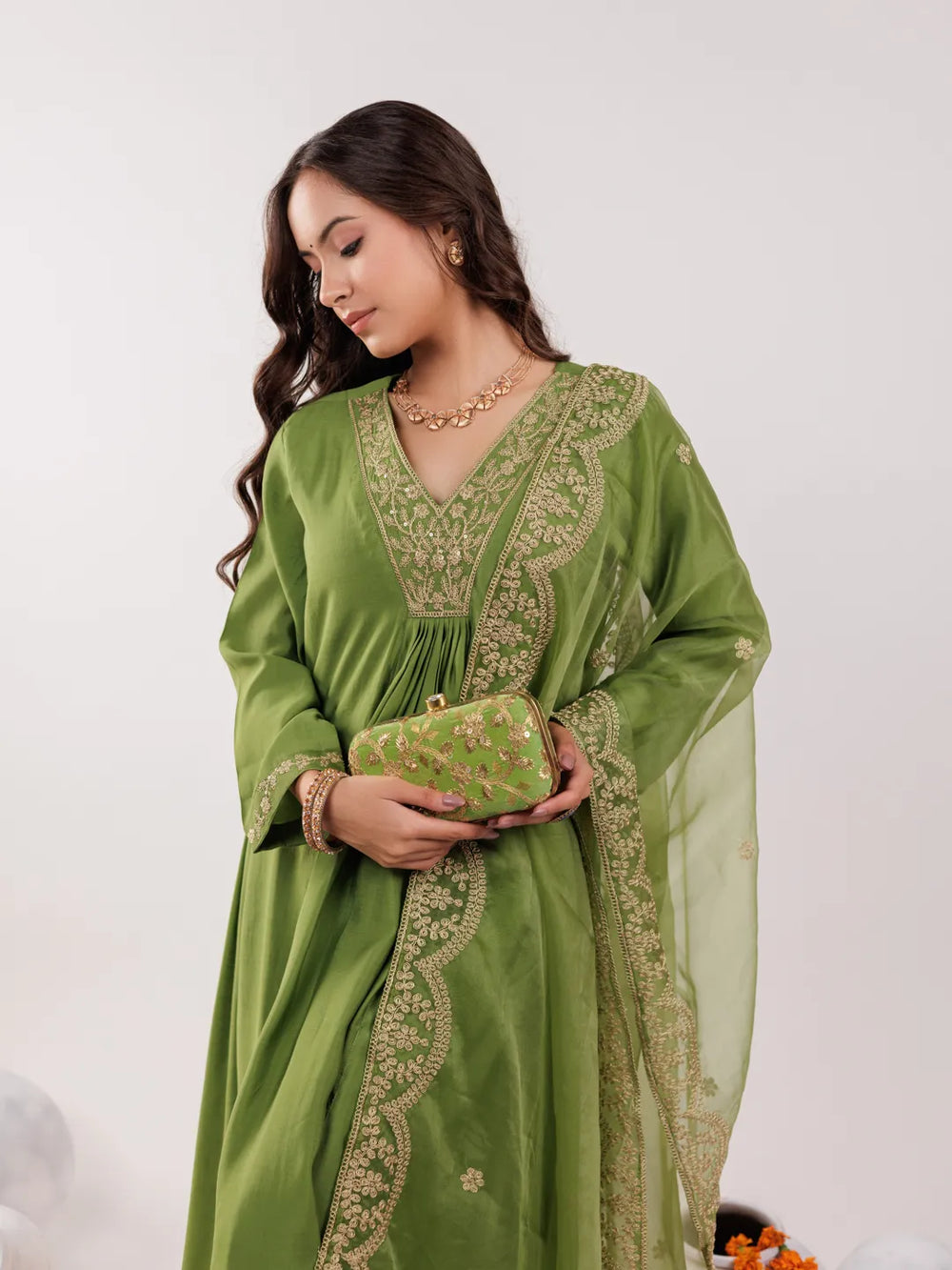 Green-Silk-Embroidered-A-Line-3-Piece-Kurta-Set