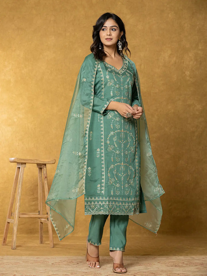 Green-Silk-Blend-Thread-Work-Straight-3-Piece-Kurta-Set