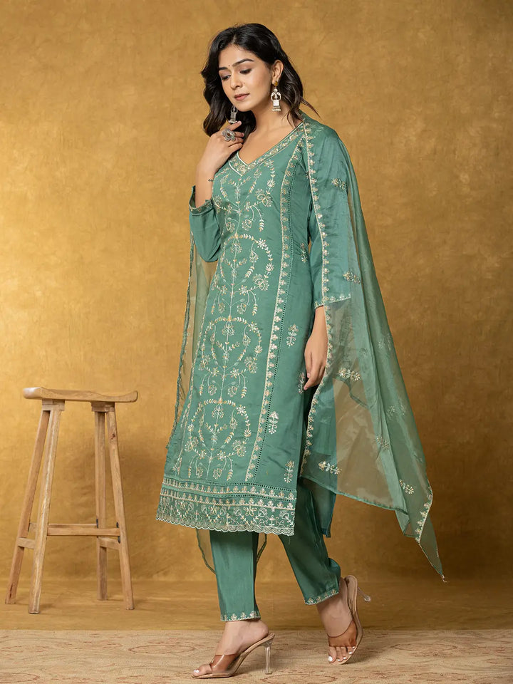 Green-Silk-Blend-Thread-Work-Straight-3-Piece-Kurta-Set