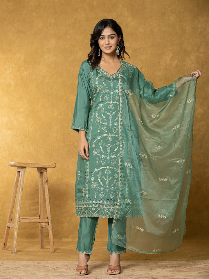 Green-Silk-Blend-Thread-Work-Straight-3-Piece-Kurta-Set