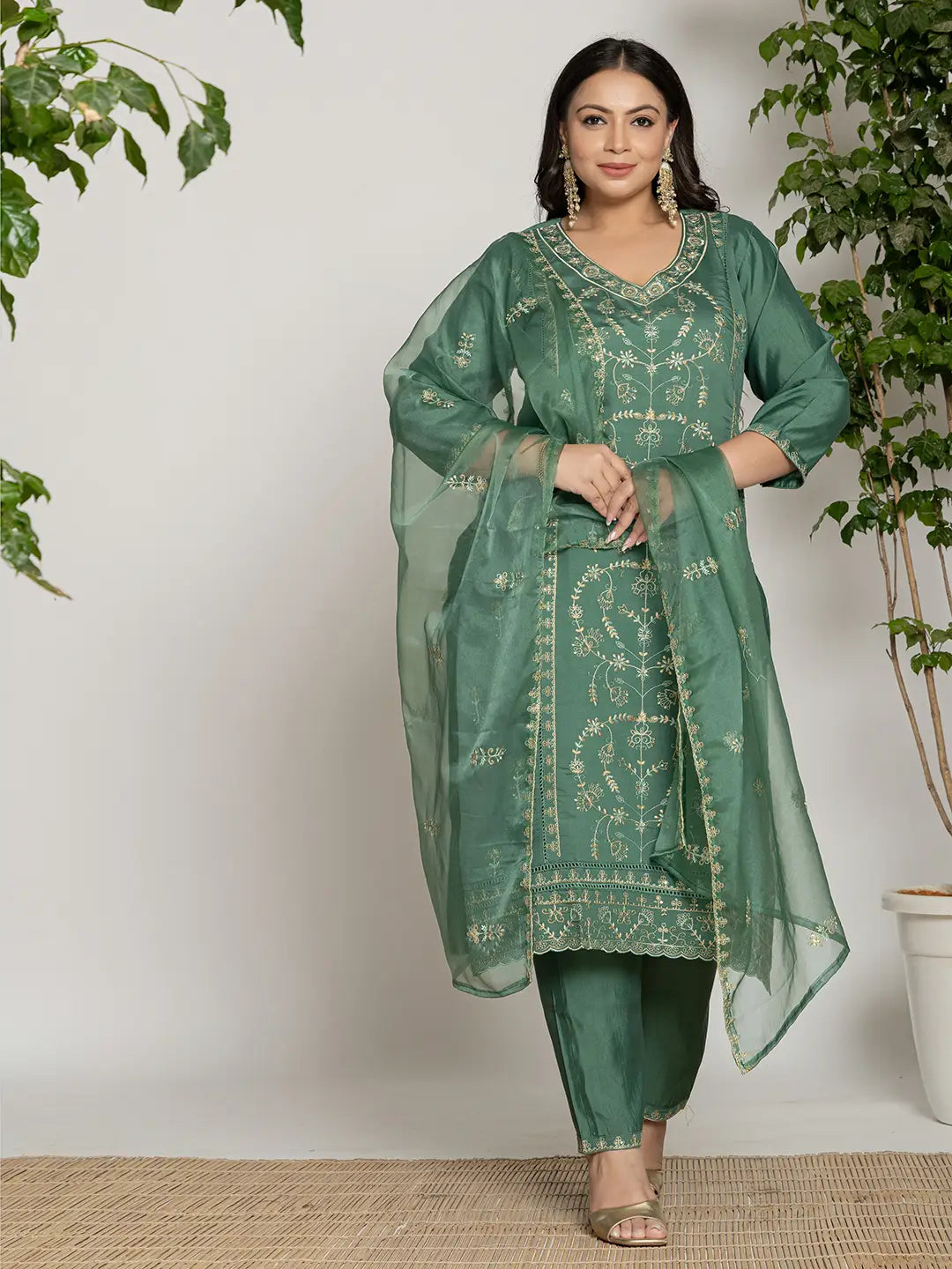 Green-Silk-Blend-Thread-Work-Straight-Plus-Size-3-Piece-Kurta-Set