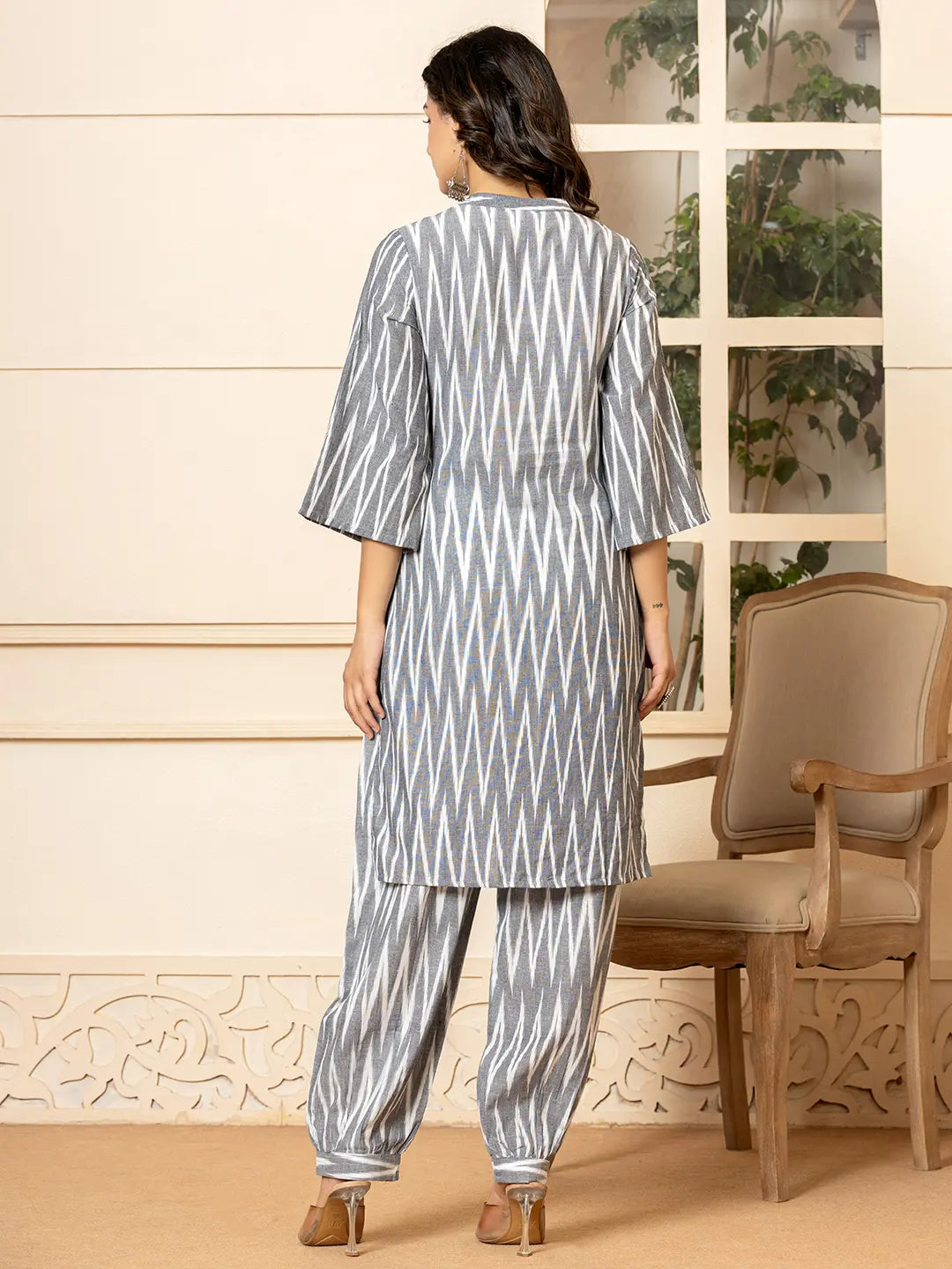 Grey-Cotton-Ikat-Mandarin-Collar-Co-Ord-Set