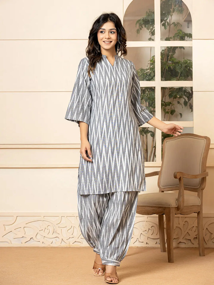 Grey-Cotton-Ikat-Mandarin-Collar-Co-Ord-Set