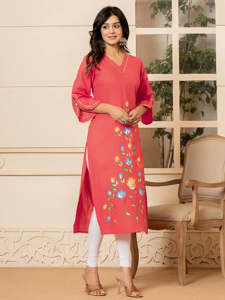 Hot-Pink-Cotton-Hand-Painted-Straight-Kurta