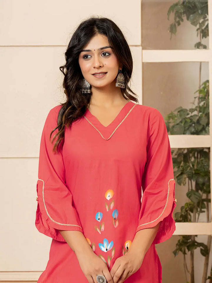 Hot-Pink-Cotton-Hand-Painted-Straight-Kurta