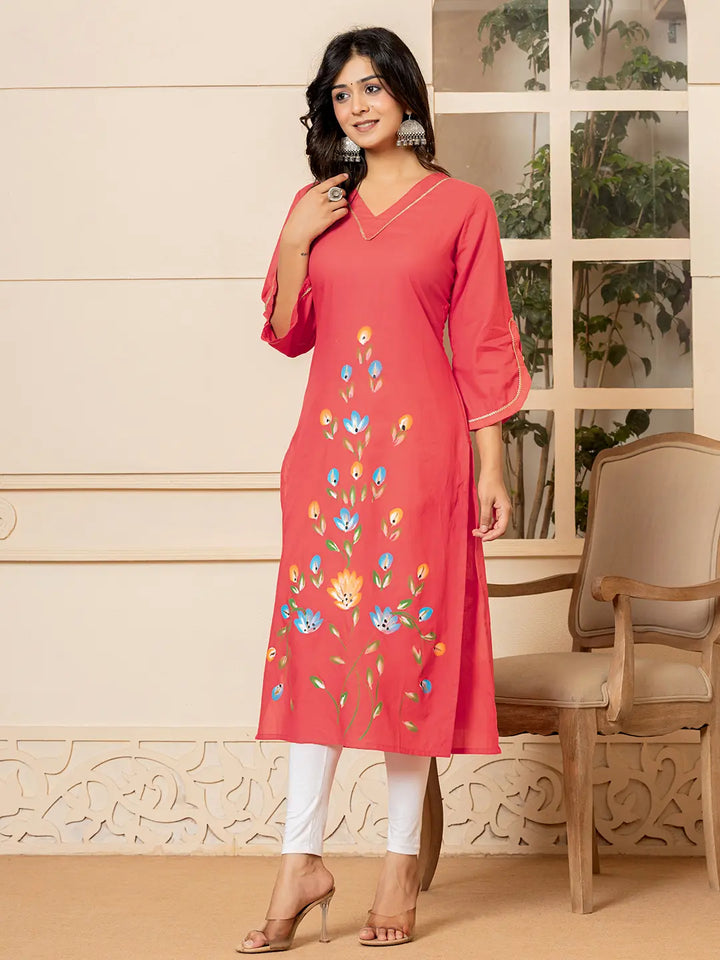 Hot-Pink-Cotton-Hand-Painted-Straight-Kurta