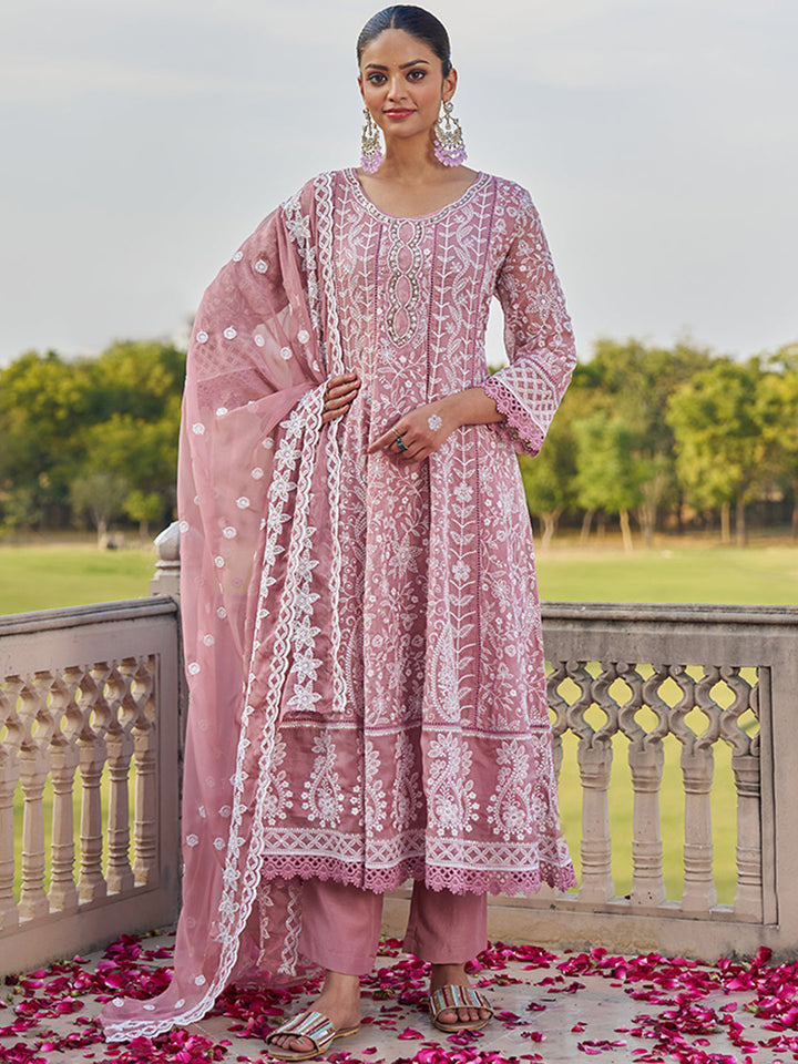 Pink-Viscose-Georgette-Chickankari-Embroidered-Anarkali-Set