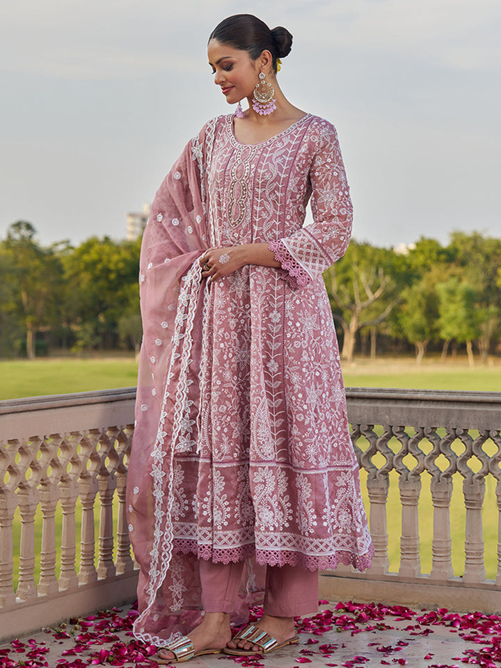 Pink-Viscose-Georgette-Chickankari-Embroidered-Anarkali-Set