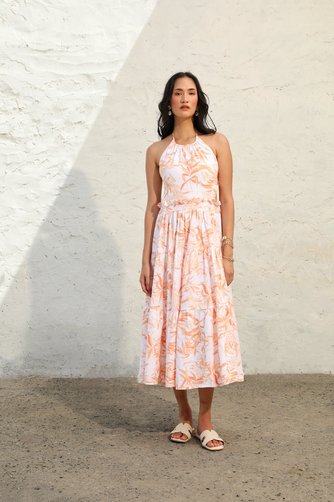 Orange-&-White-Linen-Halterneck-Dress