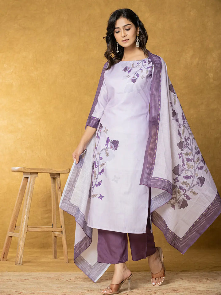 Lavender-&-White-Linen-Floral-Printed-3-Piece-Kurta-Set